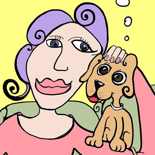 Women patting dog on head fun, colourful illustration